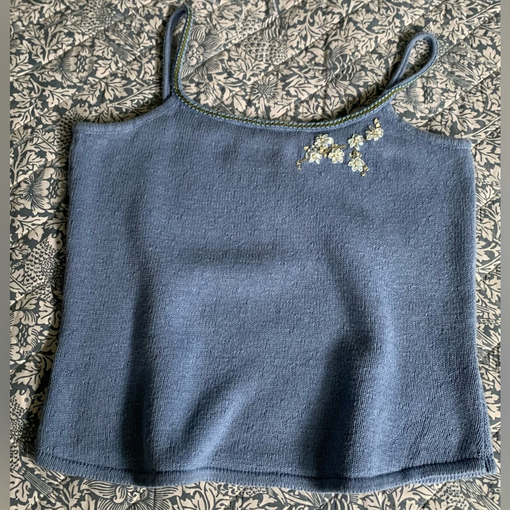 Vintage Liz Claiborne Dusty Blue Knit Spaghetti Strap Top with Floral Embroidery